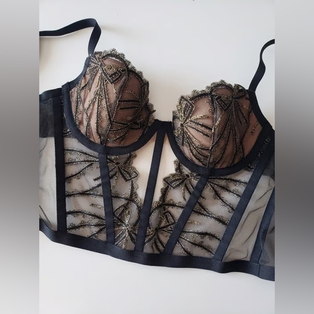 VS DREAM ANGELS  Bow Ribbon Embroidered Lace Corset Bra Bustier Top black/gold - Picture 6 of 8